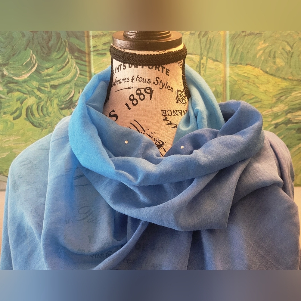 Swarovski Sky Blue Ombre  Sheer Scarf With Crystals
